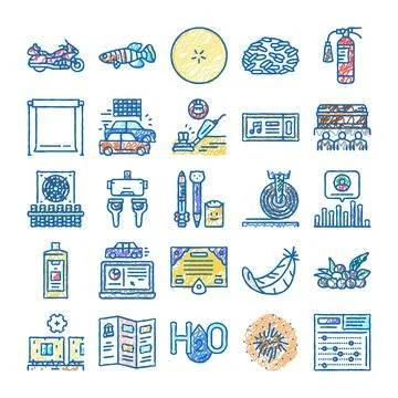 Collection of hand drawn scribble icons visualizing various concepts Stock Illustration