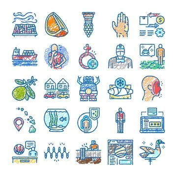 Collection of hand drawn scribble icons for various concepts 스톡 일러스트