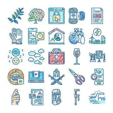 Collection of hand drawn scribble icons concept set Stock Illustration
