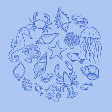 Collection of hand drawn sea creatures and shells arranged in a circular Illustrazione stock