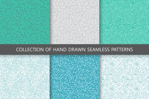 Collection of hand drawn seamless patterns. Colorful curly scribble textures Illustrazione stock