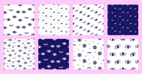 Collection of hand drawn seamless patterns with open and winking eyes Stock Illustration