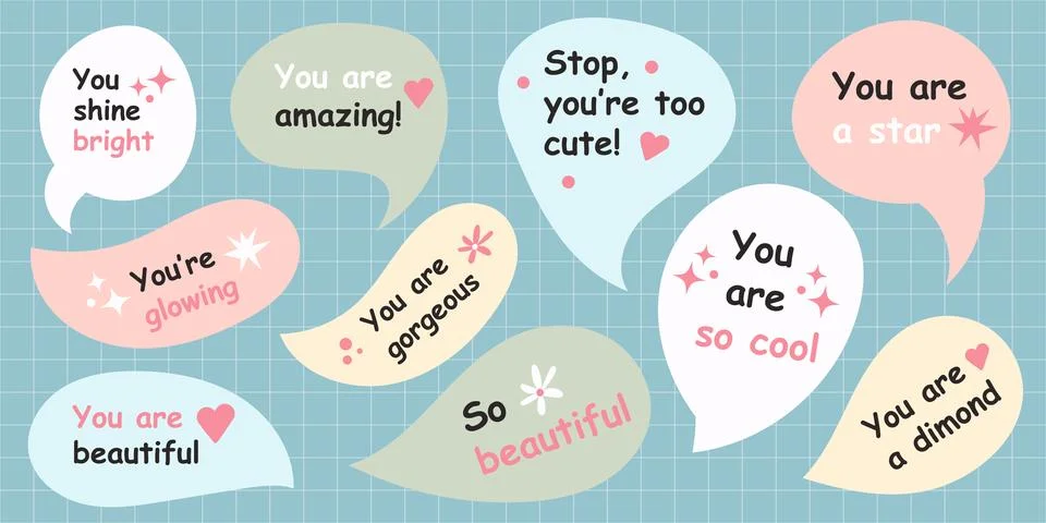 Collection of hand drawn speech bubbles with motivational compliment phrases  Stock Illustration