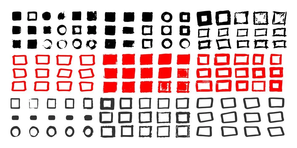 A collection of hand-drawn squares, rectangles, and circles in black, red, .. Stock Illustration