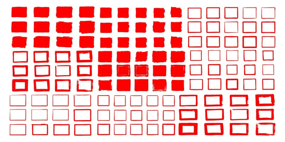 A collection of hand-drawn squares, rectangles, and circles in black, red, .. Stock Illustration