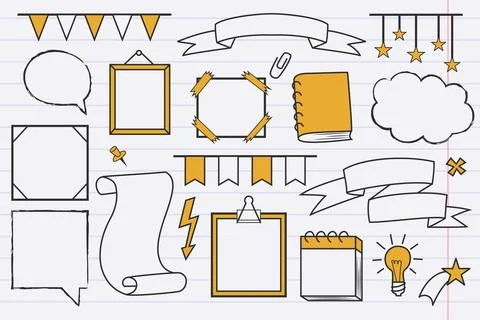 Collection of hand drawn stickers. Frames, speech bubbles, banners, and decor Stock Illustration
