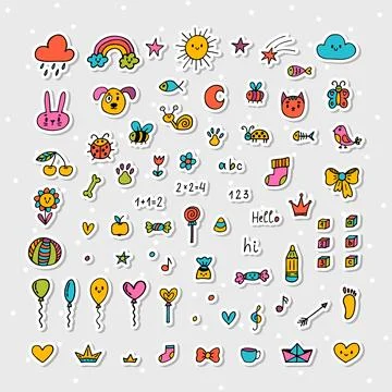 Collection of hand drawn stickers. Set of doodle design elements. Cute kids.. Stockillustratie