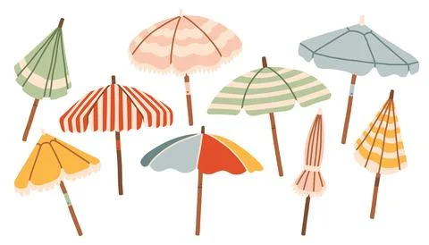 Collection of hand drawn sun umbrellas and beach parasols. Minimalist flat Stock Illustration