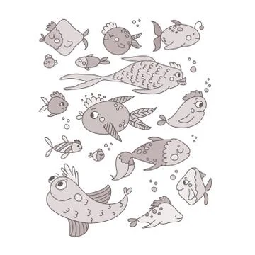 Collection of hand drawn vector EPS 10 cute fishes. Stock Illustration