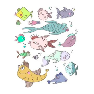 Collection of hand drawn vector EPS 10 cute fishes. Stock Illustration