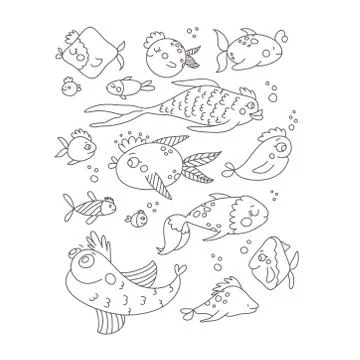 Collection of hand drawn vector EPS 10 cute fishes. Stock Illustration