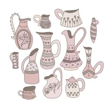 Collection of hand drawn vector EPS 10 jugs. Stock Illustration