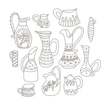 Collection of hand drawn vector EPS 10 jugs. Stock Illustration