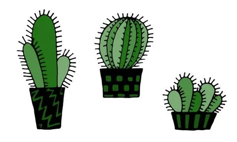 Collection of hand drawn vector illustration of cactuses in the pot Stock Illustration