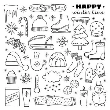 Collection of hand drawn winter items. Stock Illustration