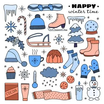 Collection of hand drawn winter items. Stock Illustration