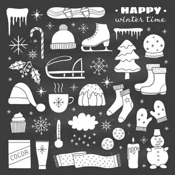 Collection of hand drawn winter items. Stock Illustration