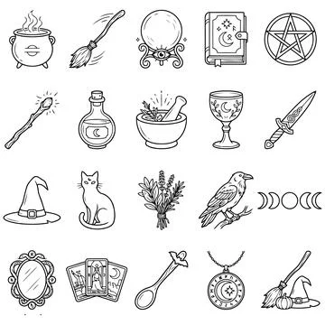 Collection of Hand Drawn Witchcraft and Occult Symbol Illustrations for Mag.. Illustrazione stock