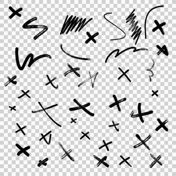 Collection of hand-drawn X marks and scribbles on a transparent backdrop Stockillustratie