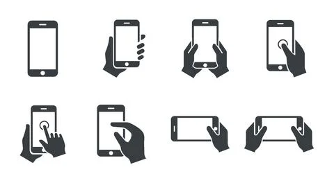 Collection of hand gestures interacting with mobile phone touch screens Stock Illustration
