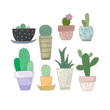 Collection of hand painted vector cacti in cute pots. Stock Illustration