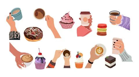 Collection of hands holding hot drinks, desserts. Stock Illustration