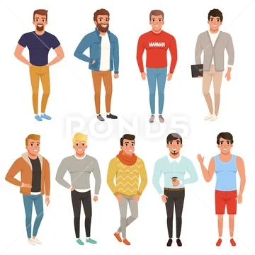 Collection of handsome men in stylish clothing. Casual wear. Male characters Stock Illustration