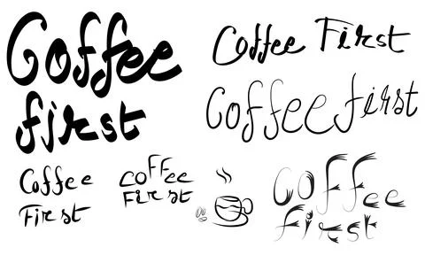 Collection of handwritten Coffee First text phrases in various casual calligr Stock-Illustration