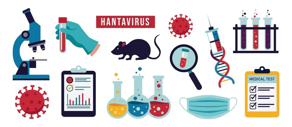 Collection of Hantavirus Elements Including Microscope, Blood Test, Mouse w.. Stock Illustration