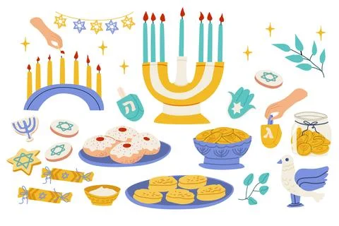 Collection of Hanukkah holiday elements including a traditional menorah, blue Stock Illustration