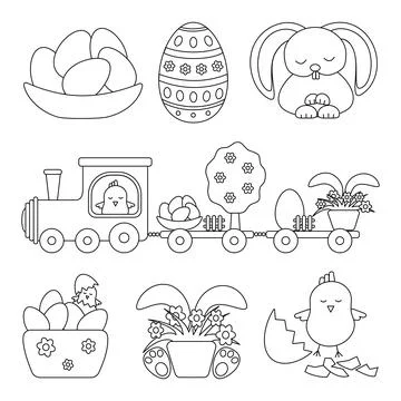 Collection of Happy Easter character templates - cute rabbit, chicken, train, Stock Illustration