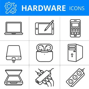 Collection of Hardware Icons for Technology and Computing. Illustrazione stock
