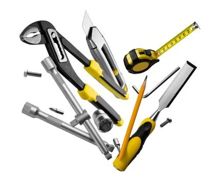 Collection of hardware on plain background. Diverse array of hand tools Foto stock