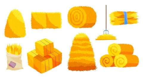 Collection of hays. Flat vector illustration dried haystacks with fork. Rolls of Stock Illustration