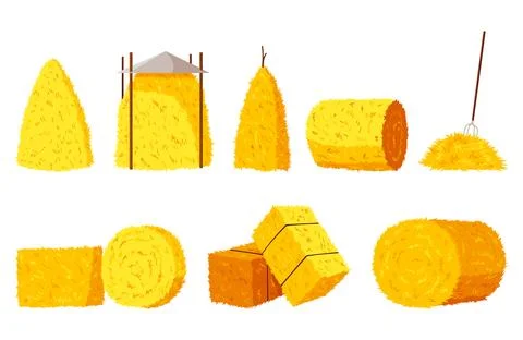 Collection of hays. Flat vector illustration dried haystacks with fork. Rolls of イラスト素材