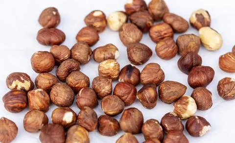 Collection of hazelnuts spread out on white background. Stock Photos