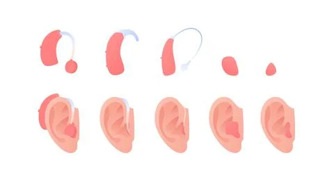Collection of hearing aid device inserted into human ear Illustrazione stock