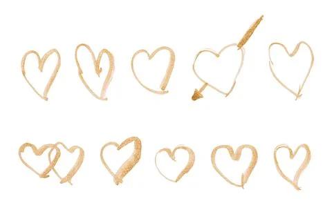 Collection of heart shape with coffee water paint on white paper background.  Stock Illustration