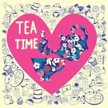 Collection in heart shape with Doodle tea time elements. Stock Illustration