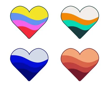 A collection of hearts with multi-colored waves inside. The heart contoured Stock Illustration