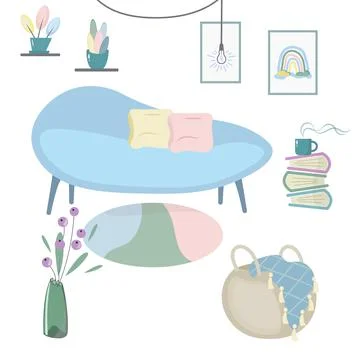 Collection of home decor elements in flat illustration. Warm and cozy ladies' Stockillustratie