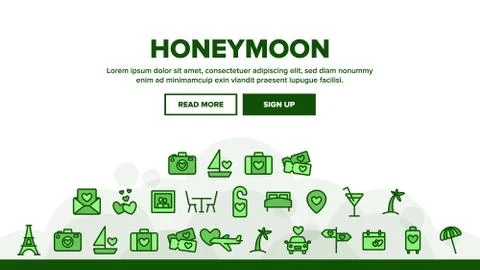 Collection Honeymoon Elements Icons Set Vector Stock Illustration