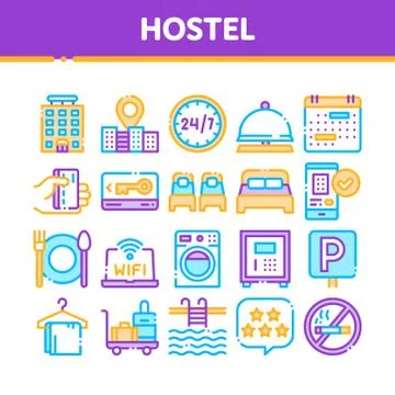 Collection Hostel Elements Sign Icons Set Stock Illustration