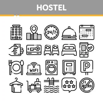 Collection Hostel Elements Sign Icons Set Stock Illustration