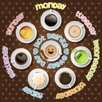Collection of hot drinks in everyday Stock Illustration