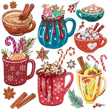 Collection of hot winter drinks Stock Illustration