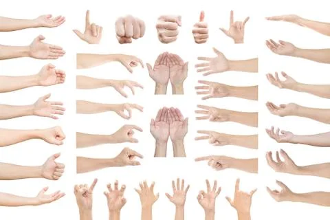 Collection of human hands in multiple gesture isolated on white background Foto stock