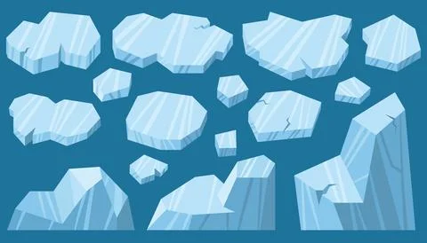 Collection of ice blocks, fragments, and floes in flat style. Cool blue ton.. Stock Illustration