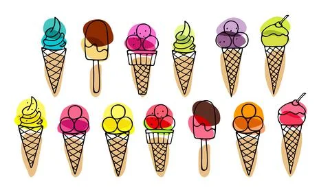 Collection of Ice Cream. Different ice screm types. Hand drawn sketch. Delicious Stock Illustration