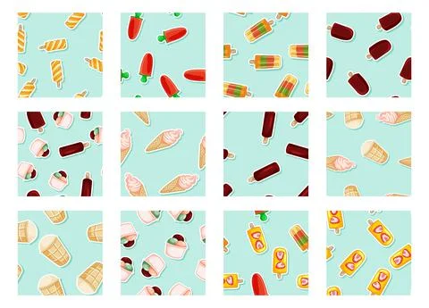 Collection of ice cream seamless patterns. Cute cartoon style hand drawn set Stock Illustration